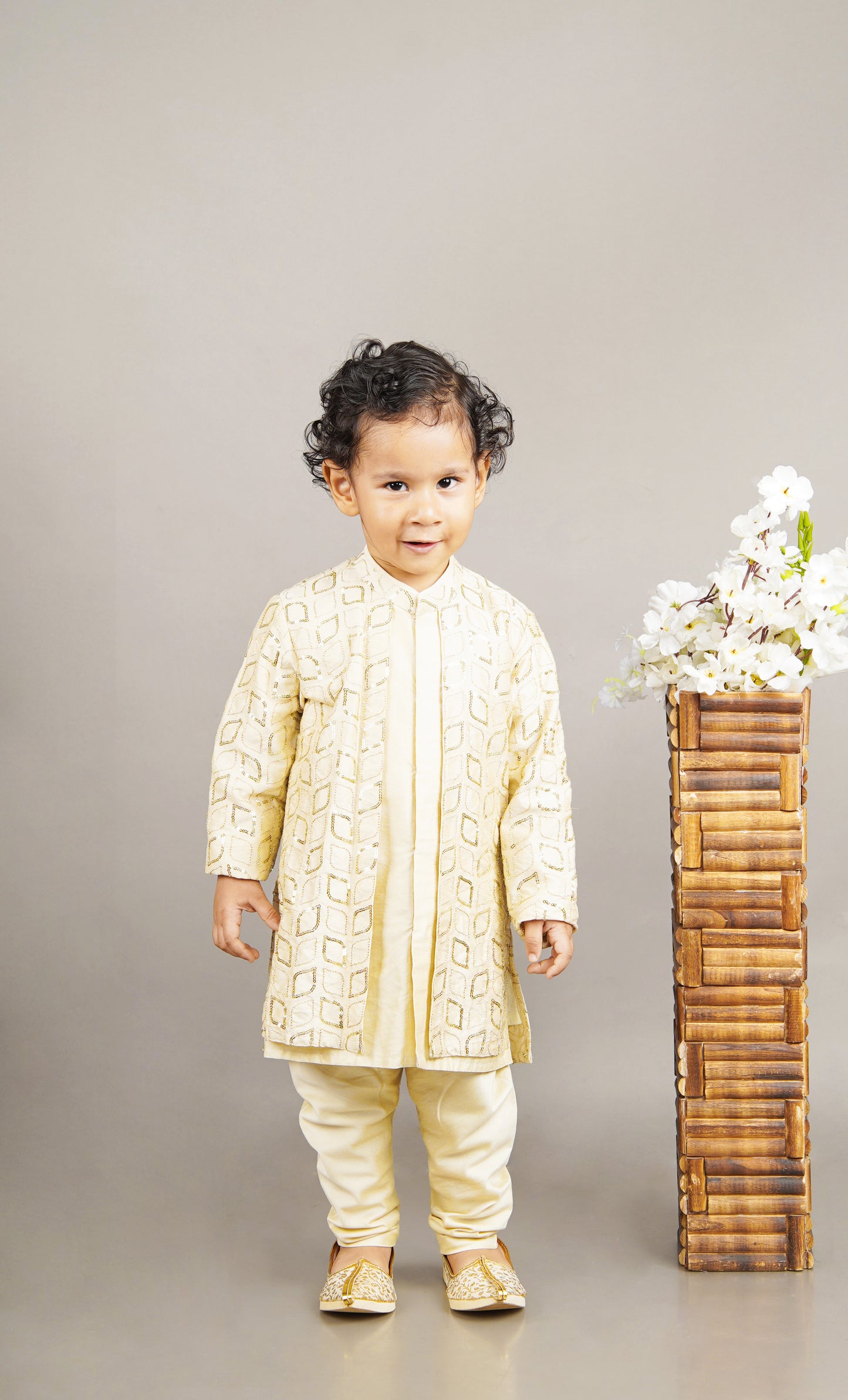 Fawn Embroidered Attached Jacket Kurta Set