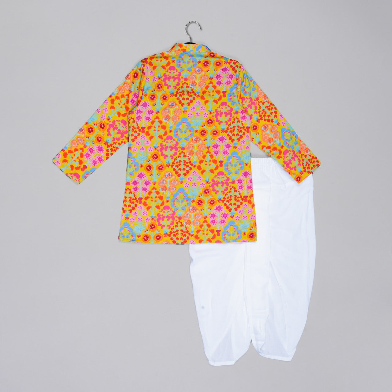Mustard Floral Printed Mirror Work And Embroidery Kurta With Dhoti Set