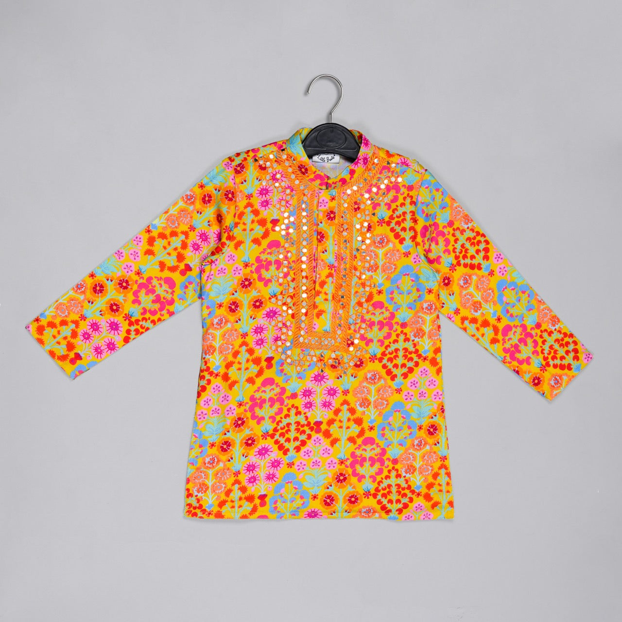 Mustard Floral Printed Mirror Work And Embroidery Kurta With Dhoti Set