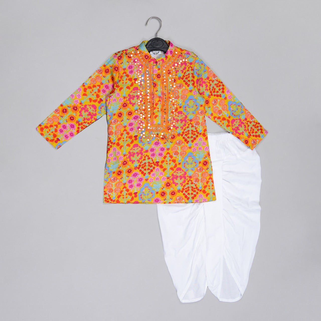Mustard Floral Printed Mirror Work And Embroidery Kurta With Dhoti Set
