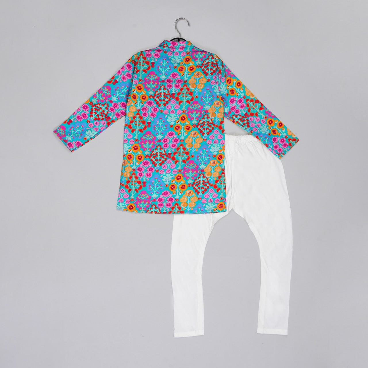 Blue Stylish Floral Printed Front Open Kurta Mirror Work And Embroidery With Pajama Set