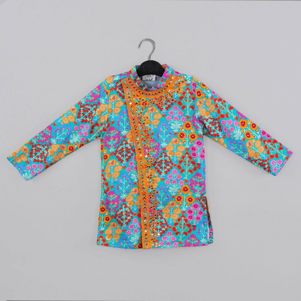 Blue Stylish Floral Printed Front Open Kurta Mirror Work And Embroidery With Pajama Set