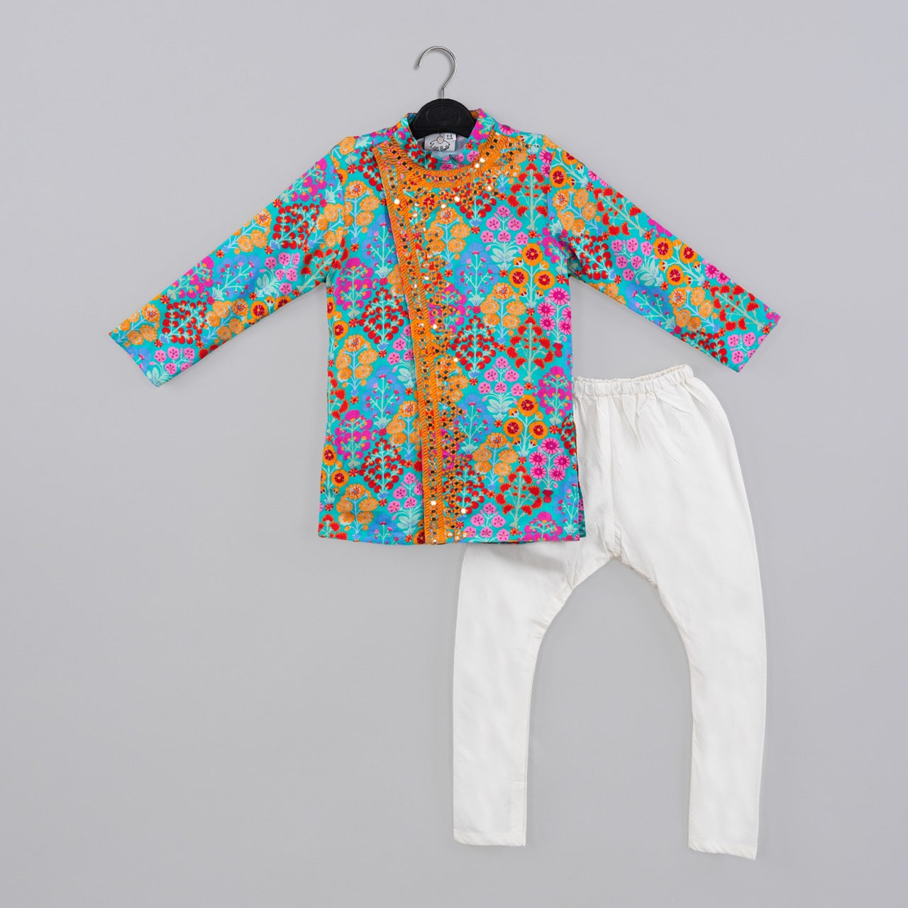 Blue Stylish Floral Printed Front Open Kurta Mirror Work And Embroidery With Pajama Set