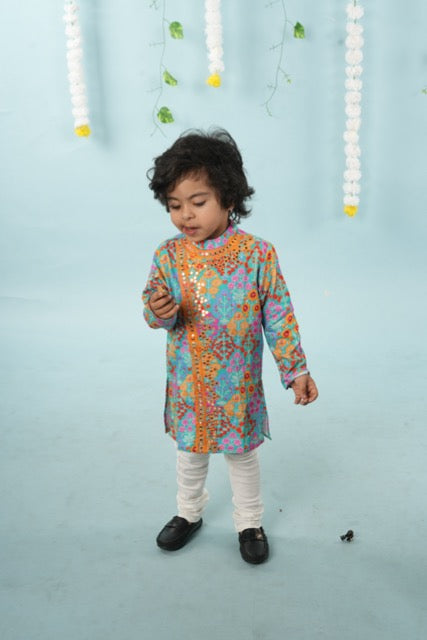 Blue Stylish Floral Printed Front Open Kurta Mirror Work And Embroidery With Pajama Set