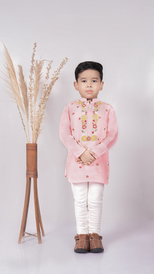 Powder Pink Floral Hand Embroidery Kurta With Pajama Set