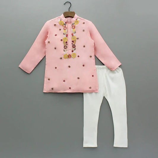 Powder Pink Floral Hand Embroidery Kurta With Pajama Set