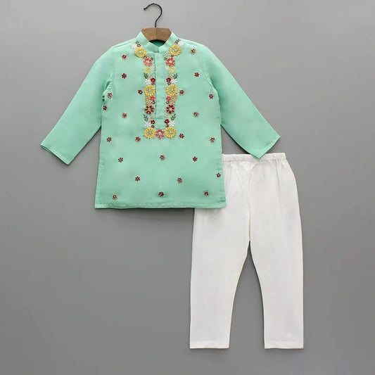 Mint Green Floral Hand Embroidery Kurta With Pajama Set