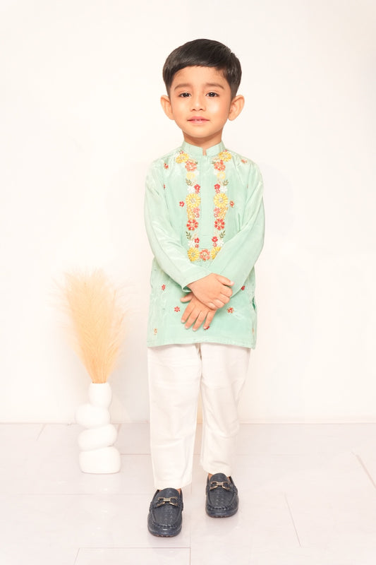 Mint Green Floral Hand Embroidery Kurta With Pajama Set