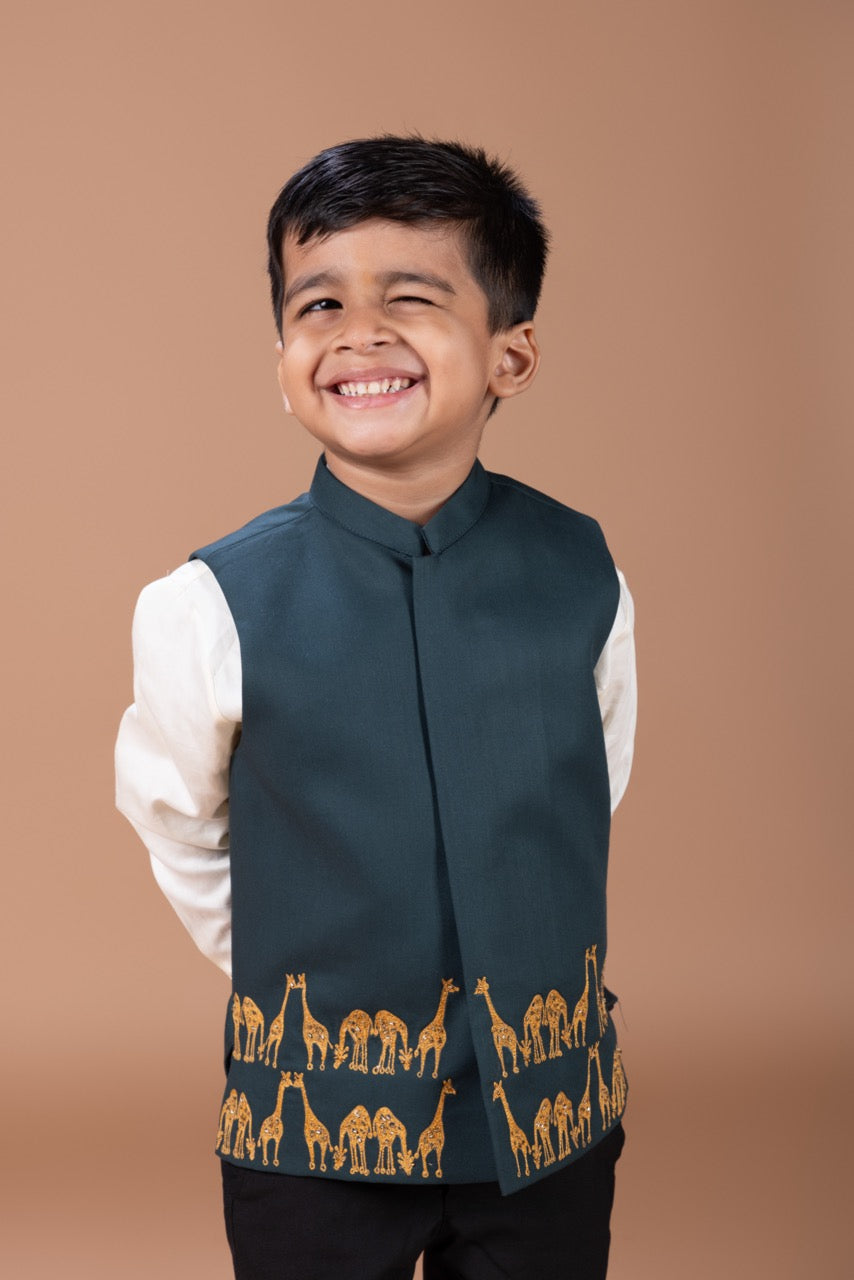 Cream Shirt With Giraffe Embroidery Bundi Jacket With Pant Set