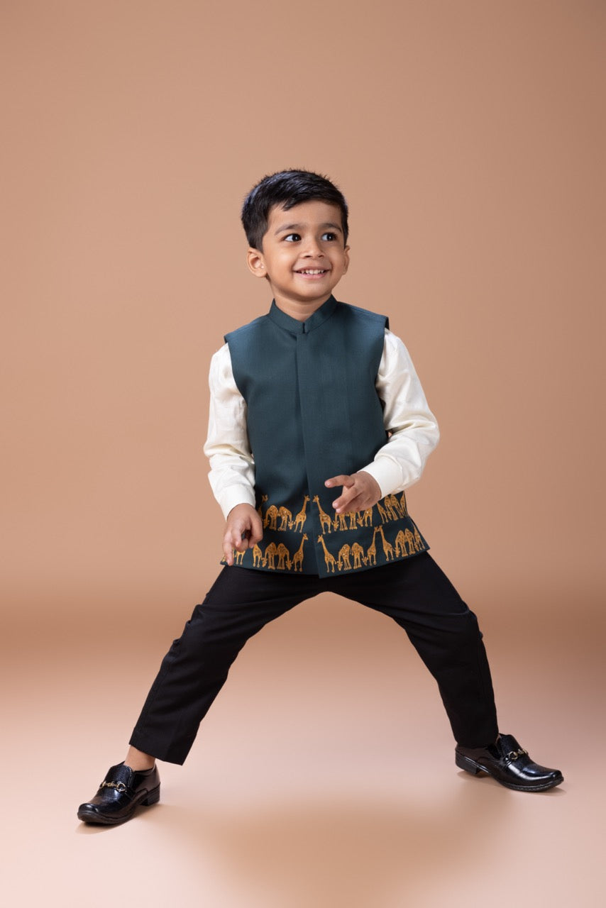 Cream Shirt With Giraffe Embroidery Bundi Jacket With Pant Set