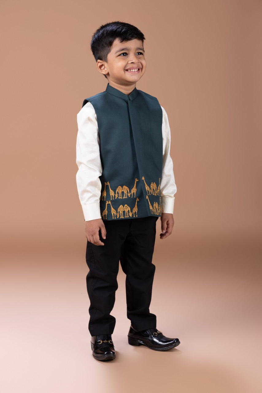 Cream Shirt With Giraffe Embroidery Bundi Jacket With Pant Set