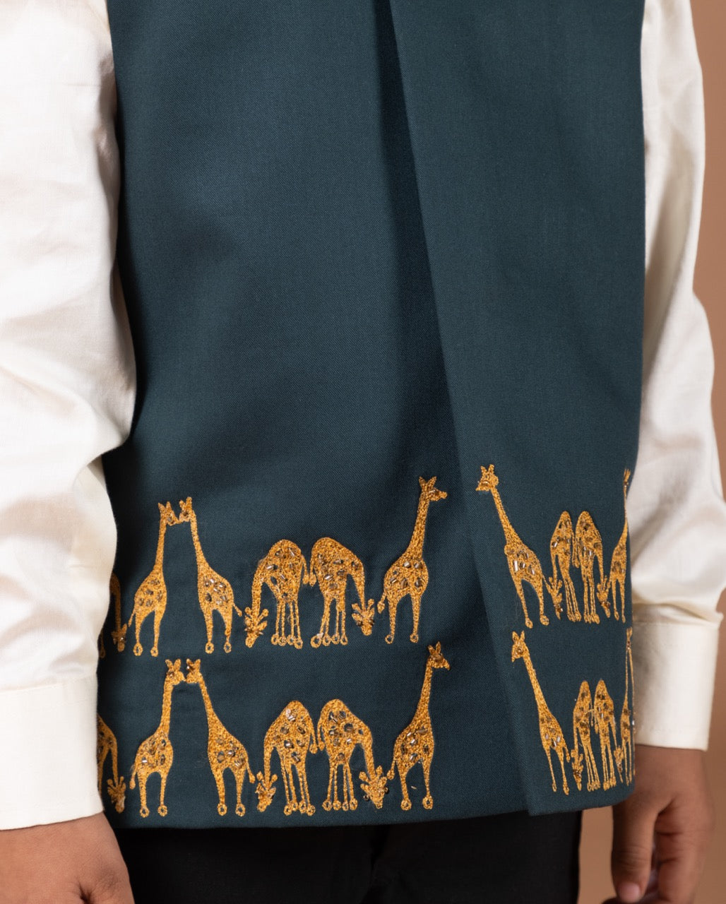 Cream Shirt With Giraffe Embroidery Bundi Jacket With Pant Set