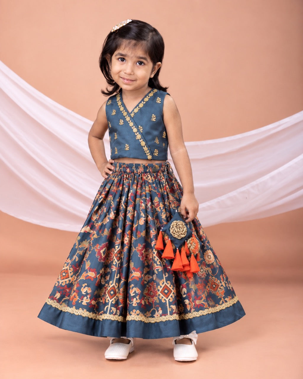 Sapphire Blue Ikkat Print Heavy Hand Embroidered Blouse With Ghagara Set