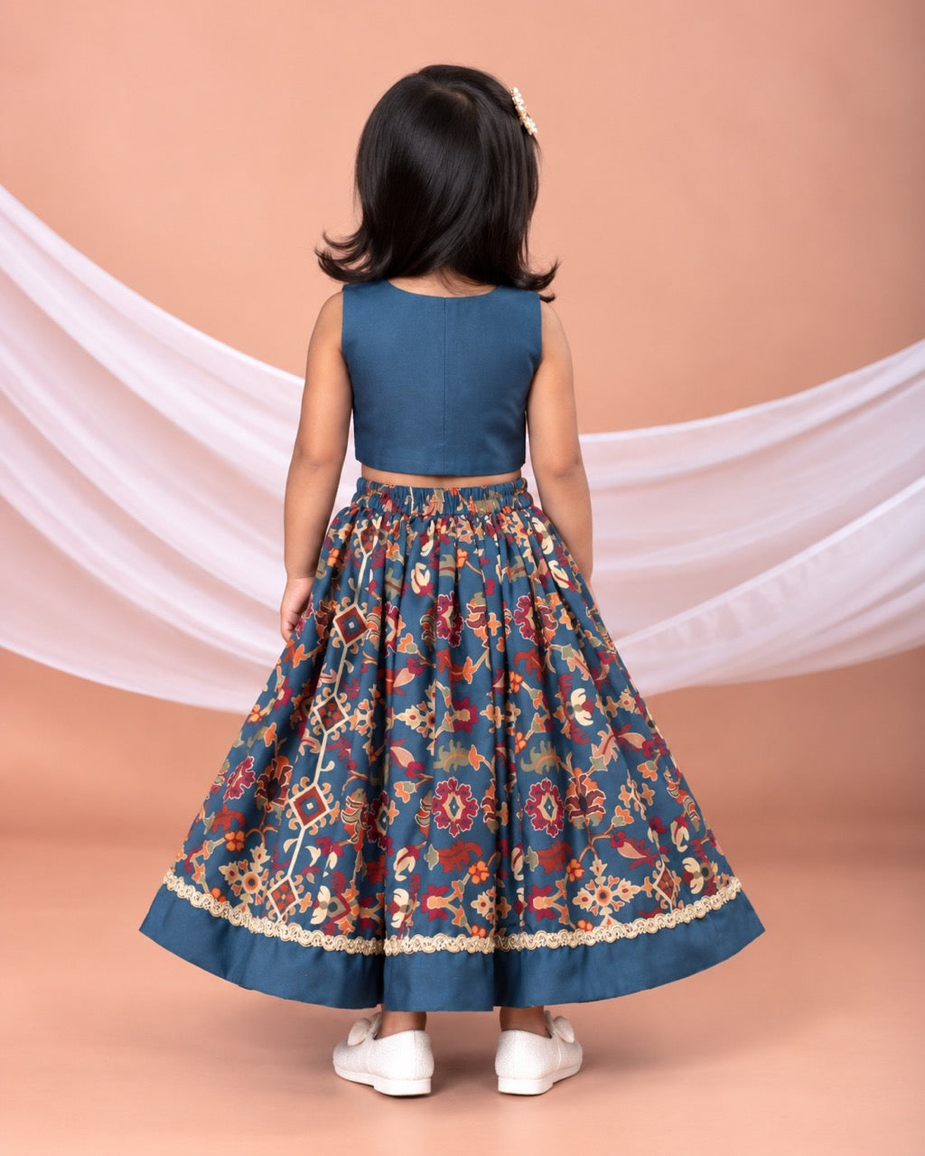 Sapphire Blue Ikkat Print Heavy Hand Embroidered Blouse With Ghagara Set