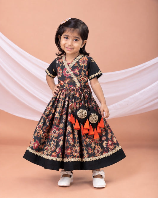 Black Ikkat Print Hand Embroiderey Gown
