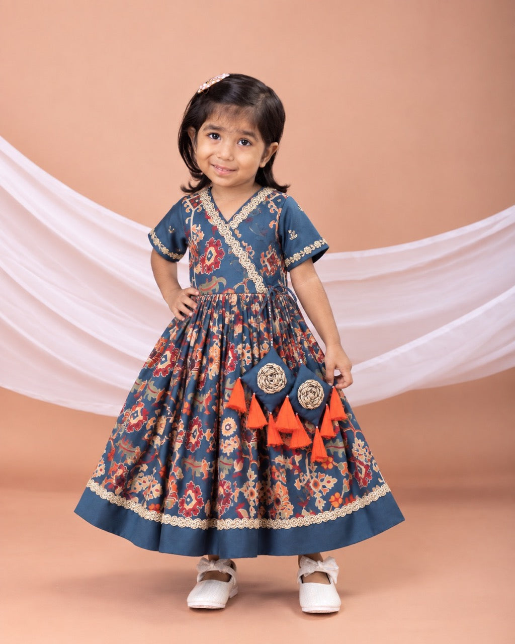 Sapphire Blue Ikkat Print Hand Embroiderey Gown