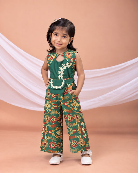 Bottel Green Ikkat Printed Embroidered Blouse With Ghagara Set