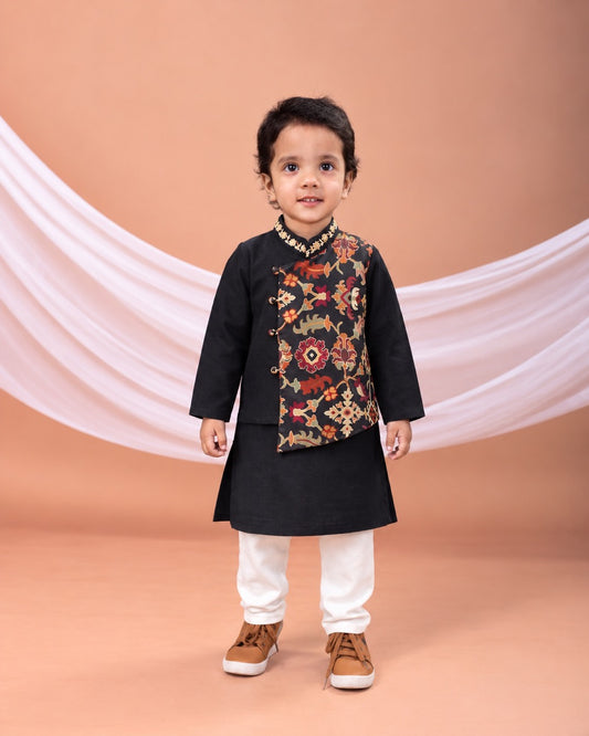 Black Kurta With Ikkat Print Jacket With Hand Embroidered With Churidar Set