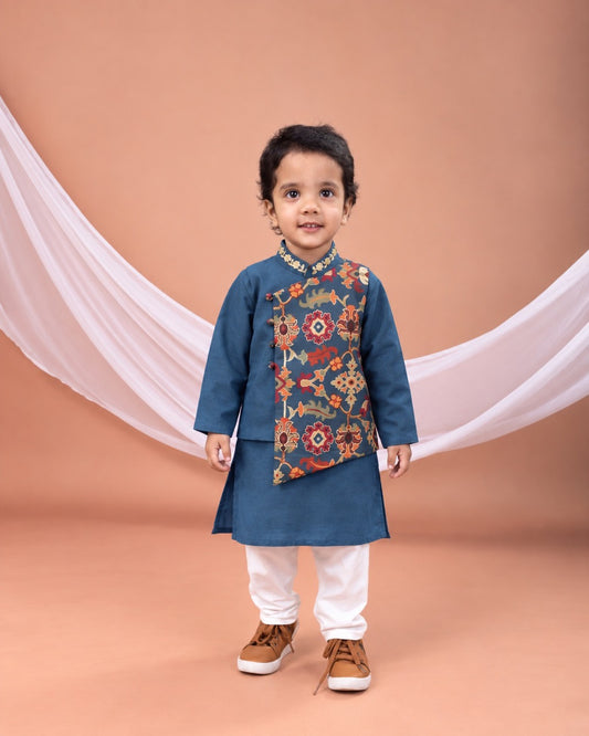 Sapphire Blue Kurta With Ikkat Print Jacket With Hand Embroidered With Churidar Set
