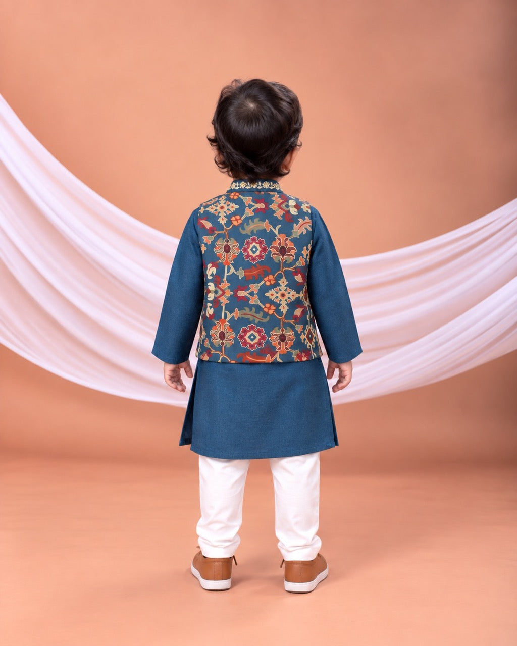 Sapphire Blue Kurta With Ikkat Print Jacket With Hand Embroidered With Churidar Set