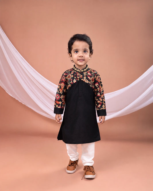 Black Stylish Ikkat Print Kurta With Churidar Set