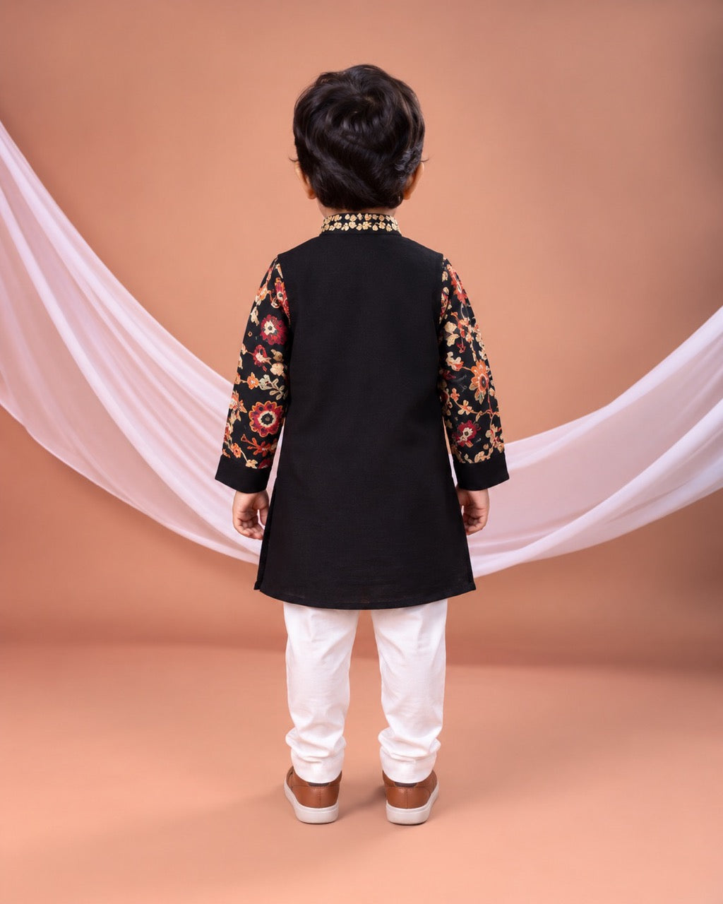 Black Stylish Ikkat Print Kurta With Churidar Set