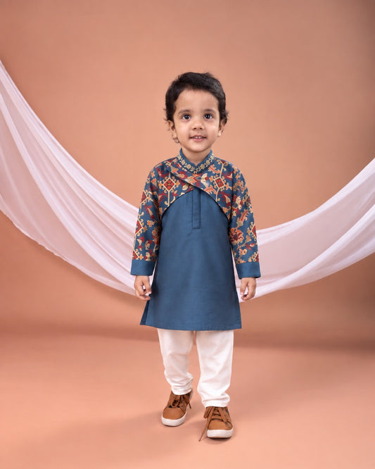 Sapphire Blue Stylish Ikkat Print Kurta With Churidar Set
