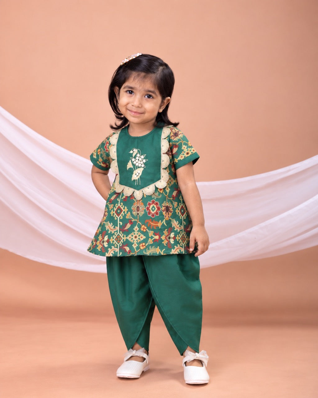 Bottle Green Ikkat Print Embroidered Kurti With Dhoti Pant Set