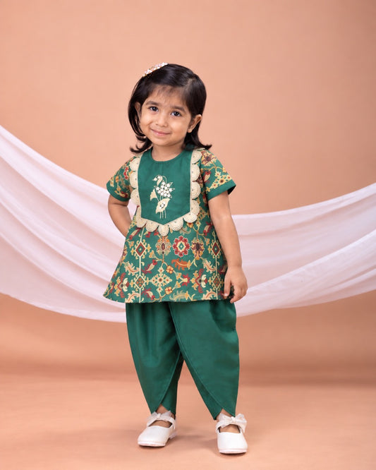 Bottle Green Ikkat Print Embroidered Kurti With Dhoti Pant Set