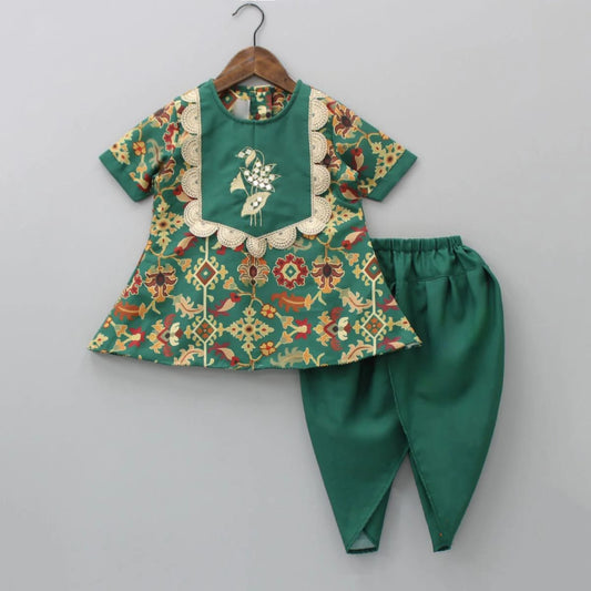 Bottle Green Ikkat Print Embroidered Kurti With Dhoti Pant Set