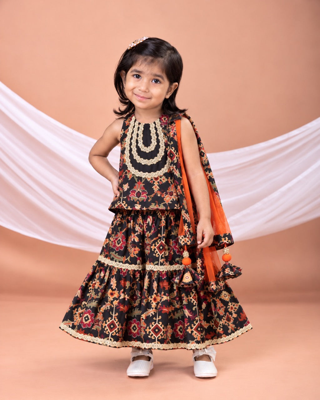 Black Ikkat Print Top With Sharara Set With Duppata