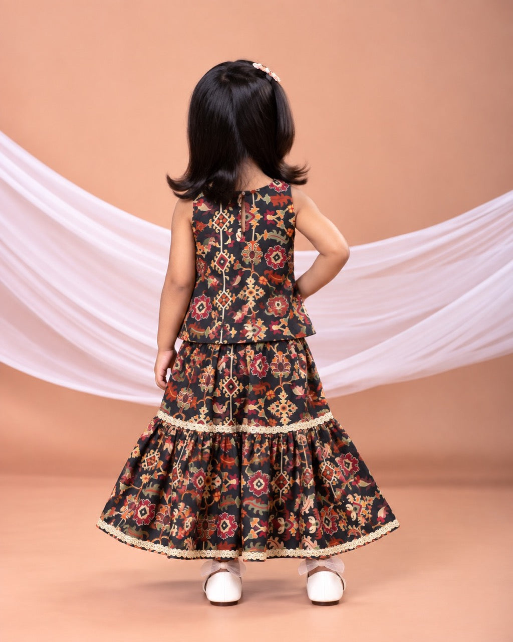 Black Ikkat Print Top With Sharara Set With Duppata