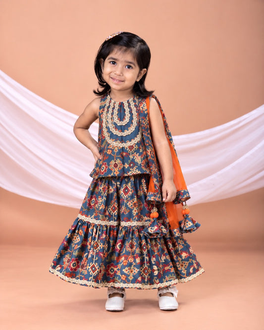 Sapphire Blue Ikkat Print Top With Sharara Set With Duppata