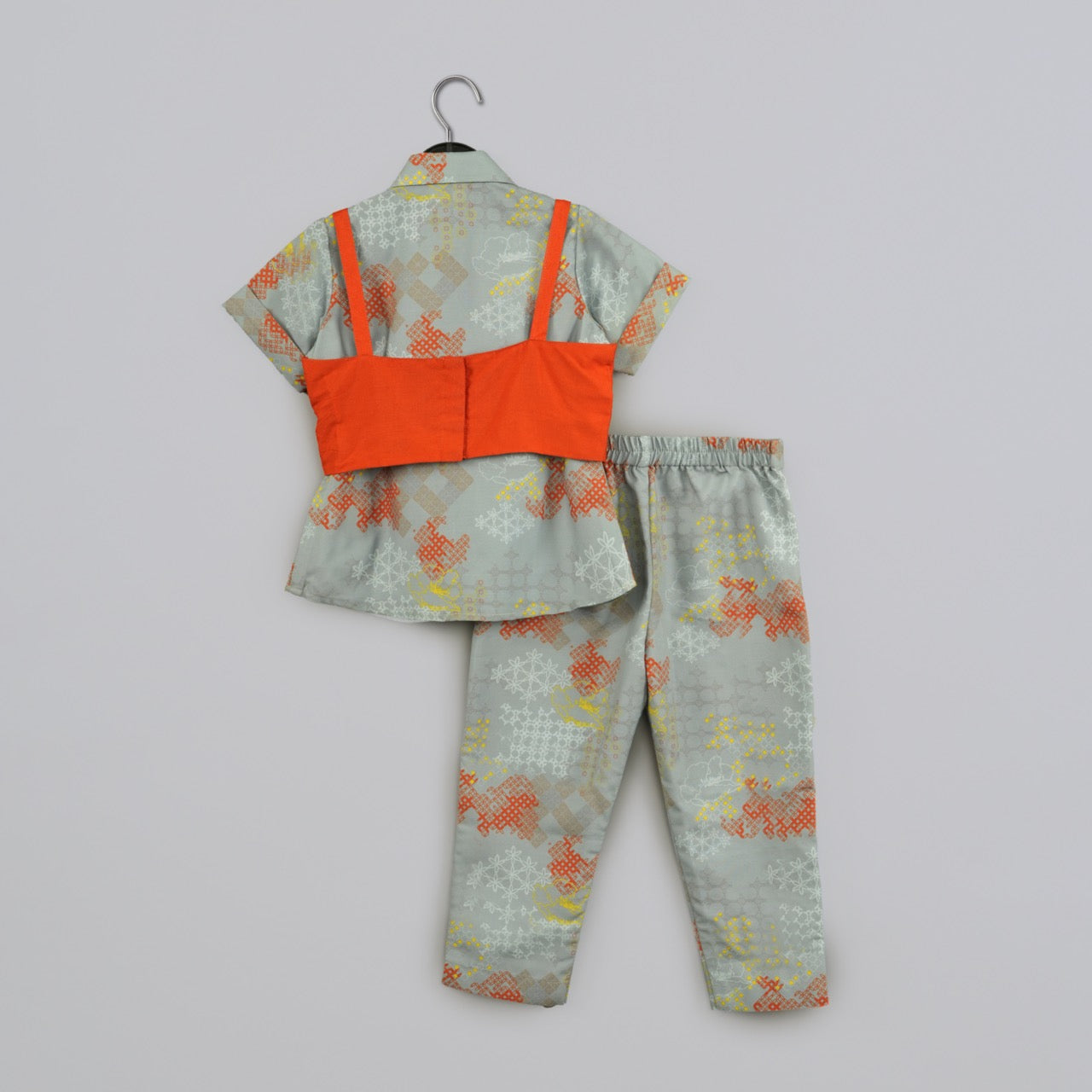 Grey Geometrical Printed Shirt With Embroidered Jacket With Printed Pant Set