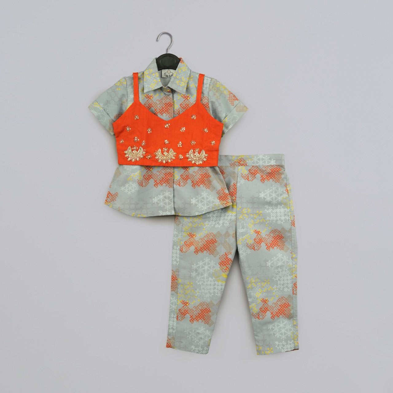 Grey Geometrical Printed Shirt With Embroidered Jacket With Printed Pant Set