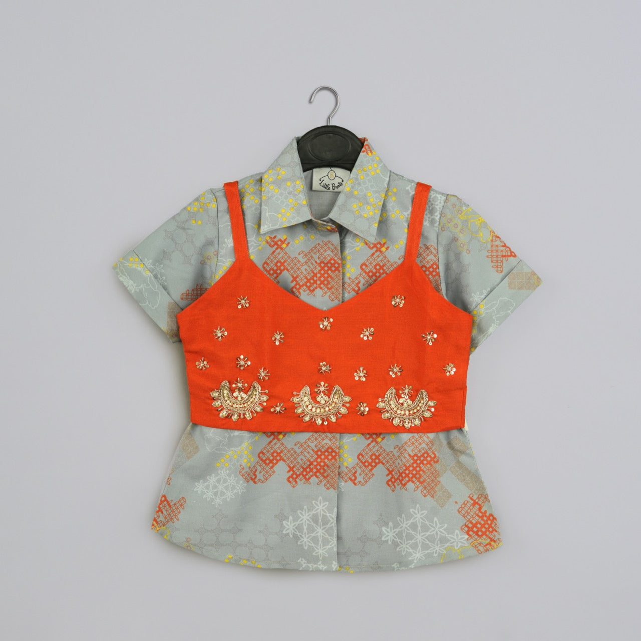 Grey Geometrical Printed Shirt With Embroidered Jacket With Printed Pant Set