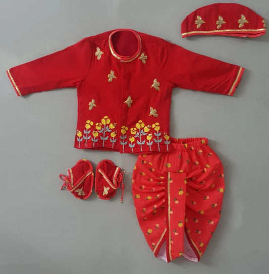 Jamana Boy Red With Cord And Thread Embroidery With Printed Dhoti Set