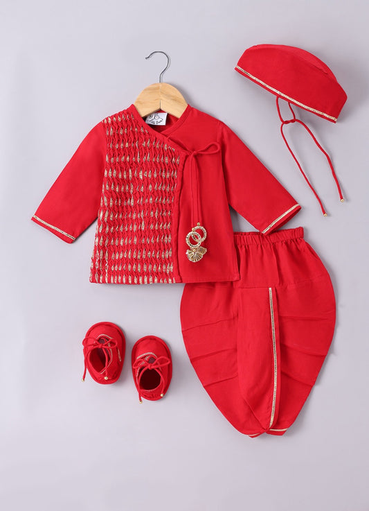 Jamana Boy Red Flocking With Gota With Dhoti Set