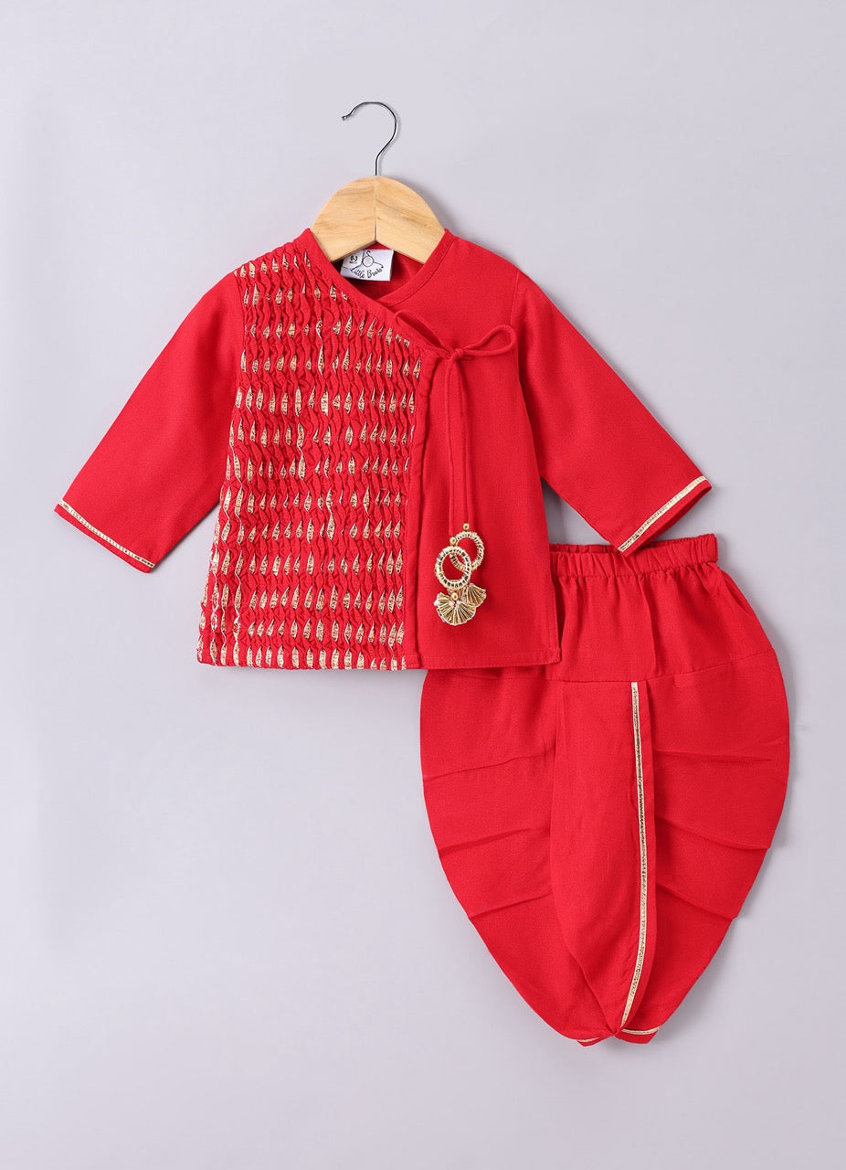 Jamana Boy Red Flocking With Gota With Dhoti Set