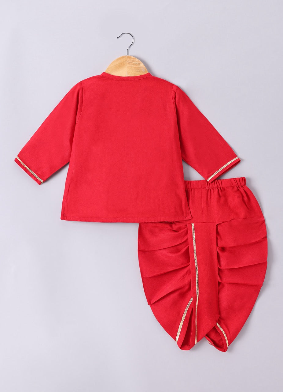 Jamana Boy Red Flocking With Gota With Dhoti Set