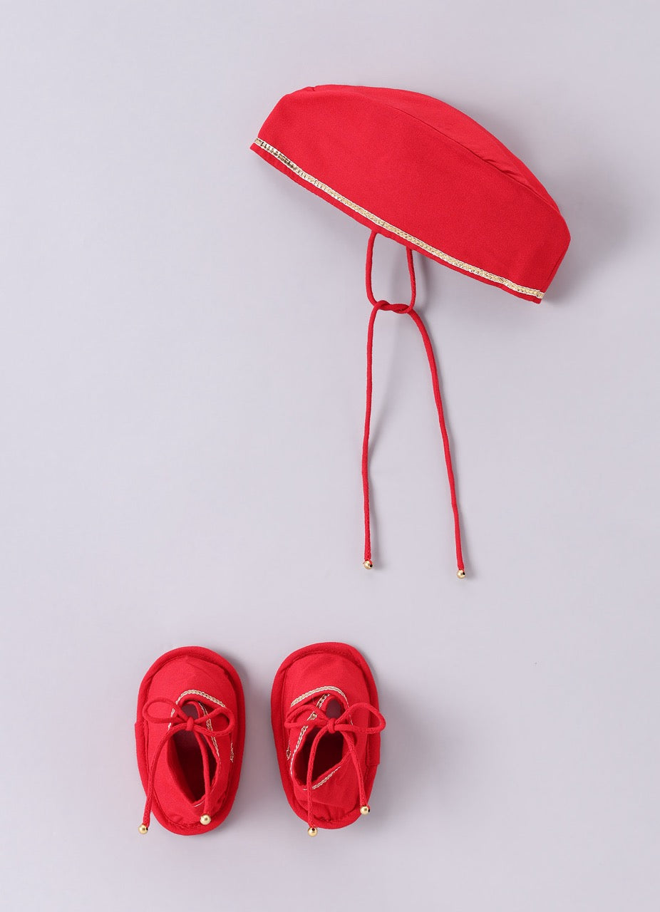 Jamana Boy Red Flocking With Gota With Dhoti Set