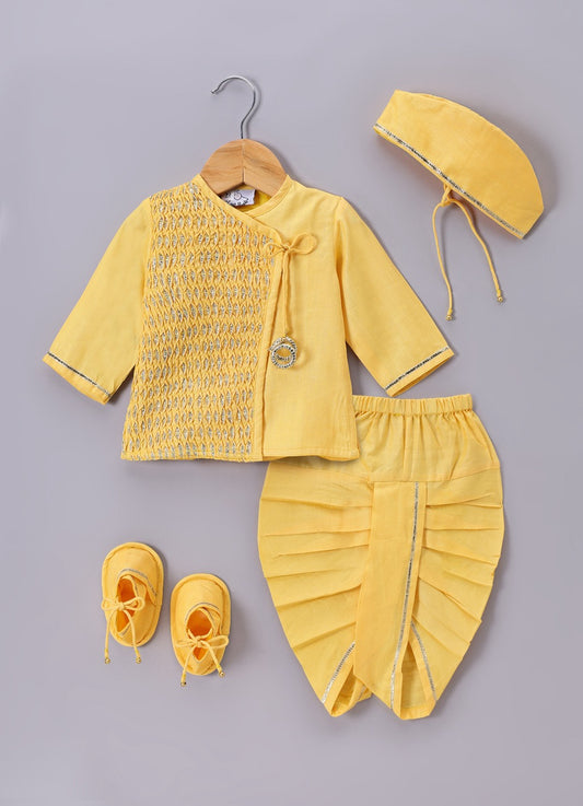 Jamana Boy Yellow Flocking With Gota With Dhoti Set
