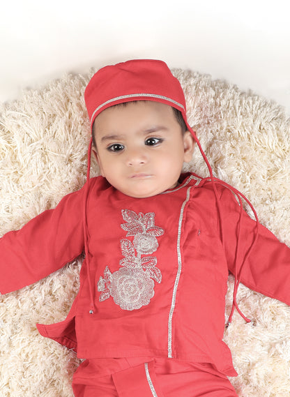 Jamana Boy Red With Flower Embroidery With Dhoti Set