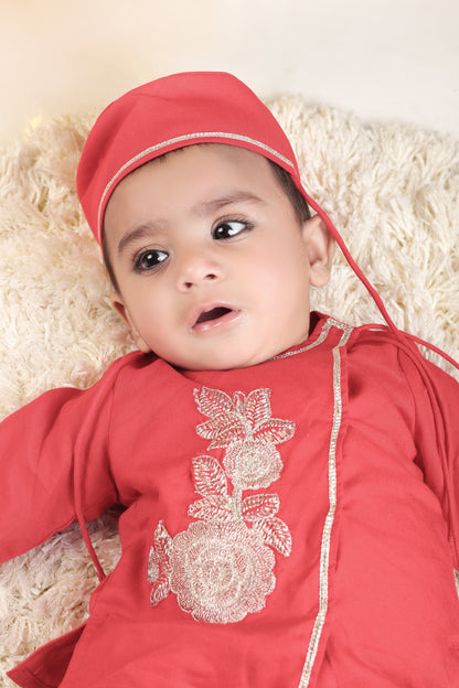 Jamana Boy Red With Flower Embroidery With Dhoti Set