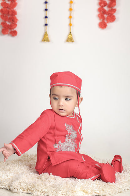 Jamana Boy Red With Flower Embroidery With Dhoti Set