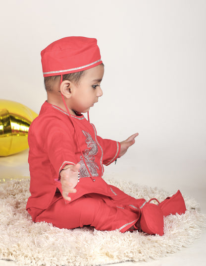 Jamana Boy Red With Flower Embroidery With Dhoti Set