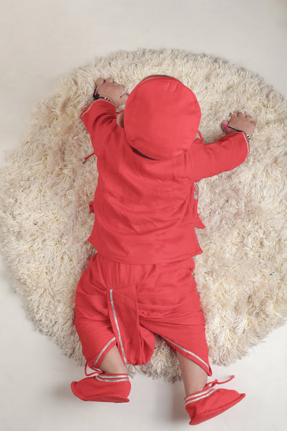 Jamana Boy Red With Flower Embroidery With Dhoti Set