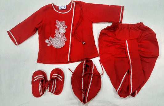 Jamana Boy Red With Flower Embroidery With Dhoti Set