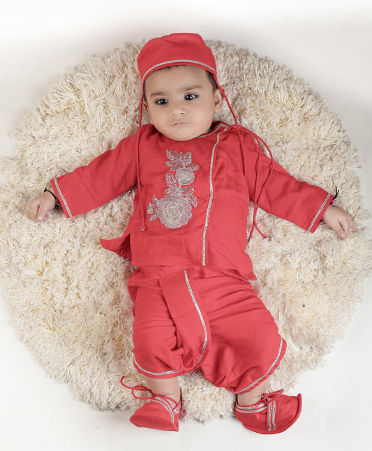 Jamana Boy Red With Flower Embroidery With Dhoti Set