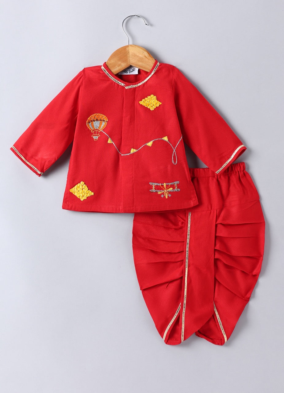 Jamana Boy Red With Parachute/Aeroplane Embroidery Front Open Top With Dhoti Set